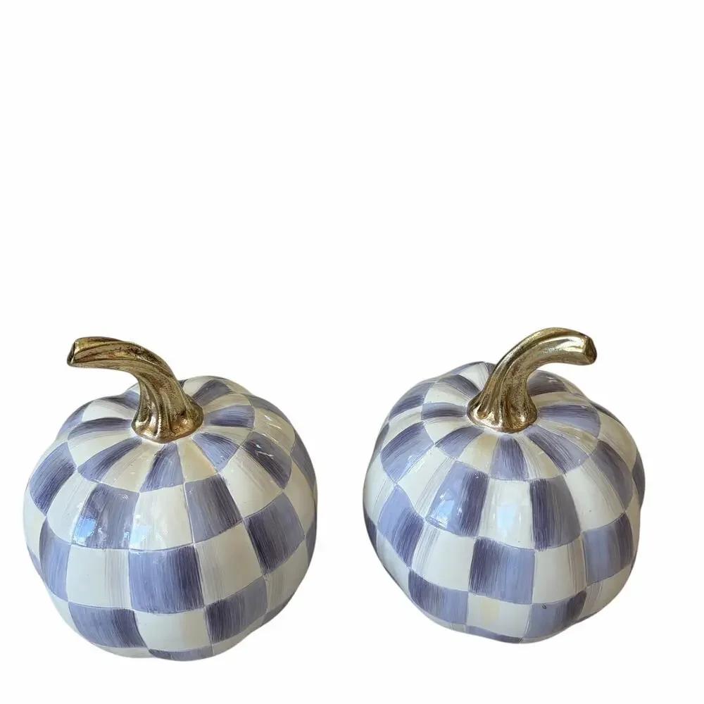 NEW MacKenzie-Childs Classic Violet Check Mini Pumpkin Set of 2 in Original Box